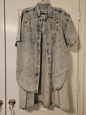 Embellished Acid-Wash Denim Skirt Set - Light Gray